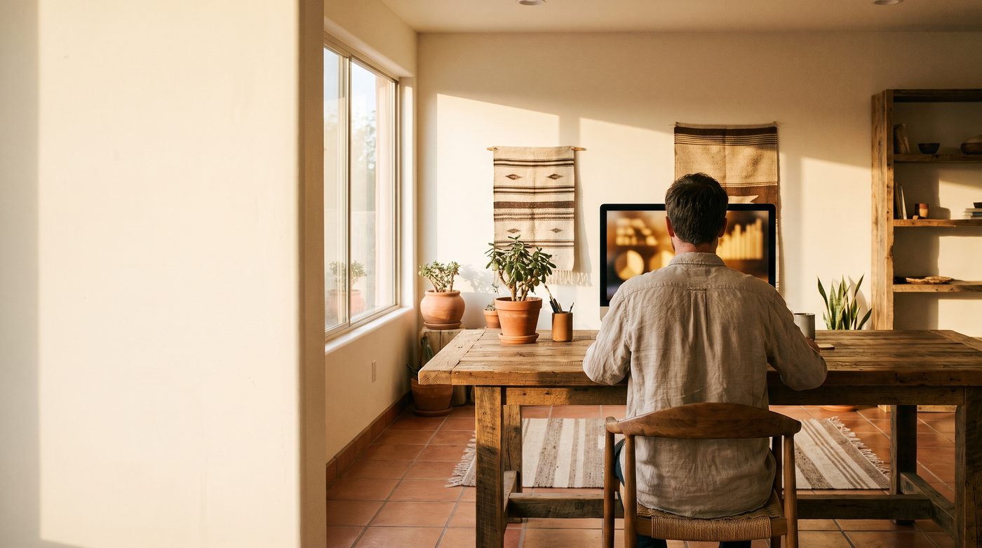 Estúdio de trabalho da High Level em luz natural quente